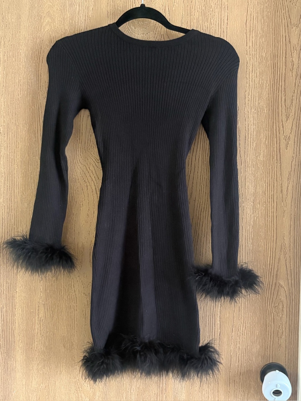 Black Feather-Trim Ribbed Knit Crewneck Sweater Dress